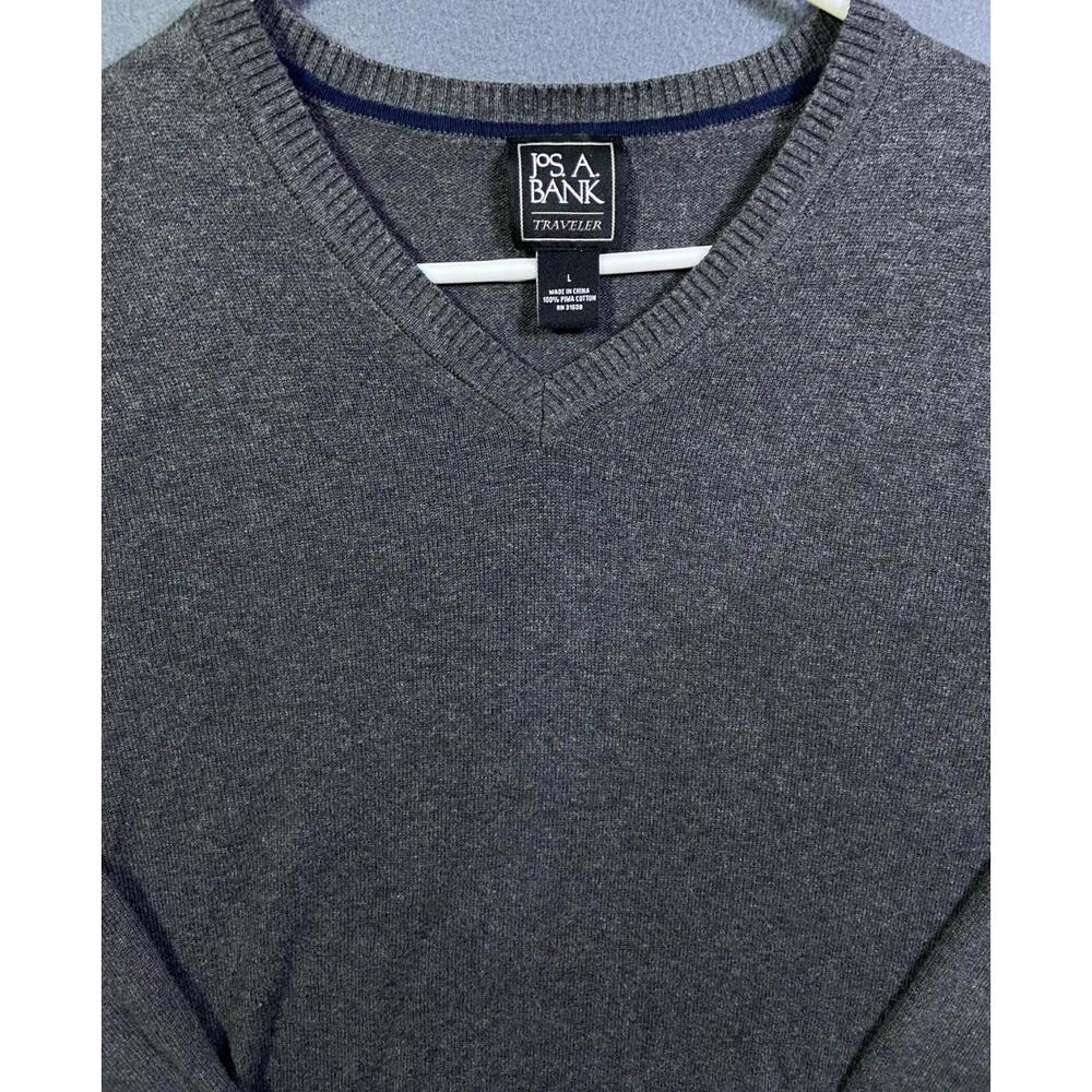 Jos A Bank Traveller Size L Mens Knit Sweater V Neck 100% Pima Cotton Gray EUC!